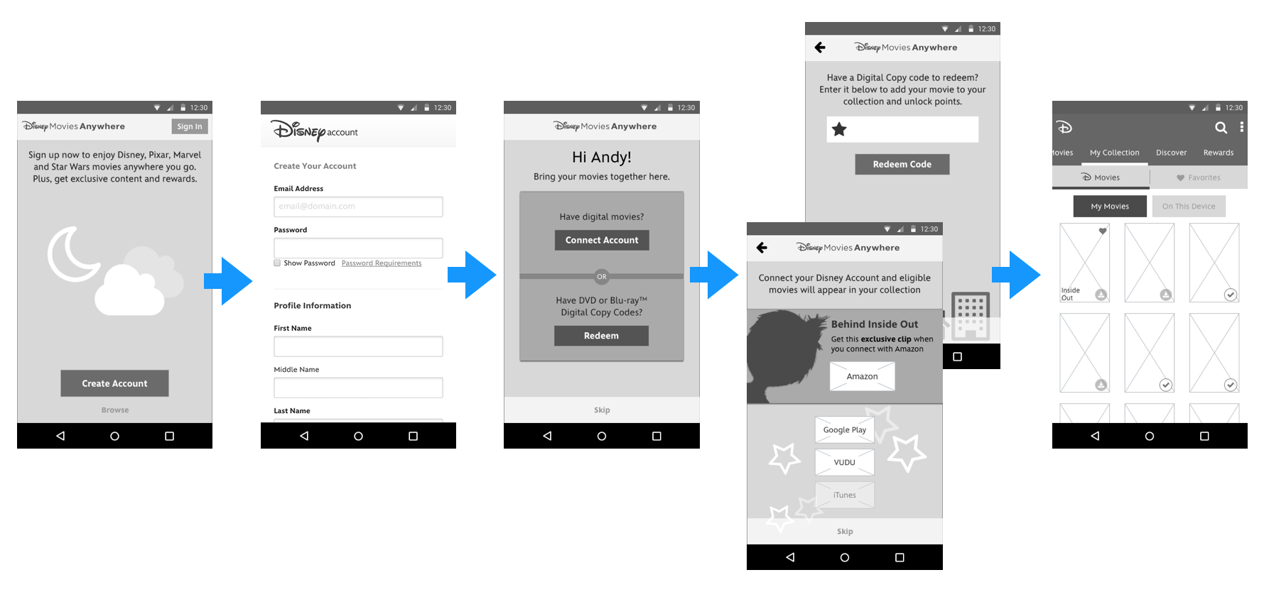 Disney Movies Anywhere Wireframes